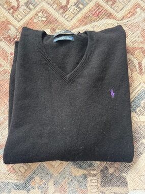 Ralph Lauren Black V-Neck Sweater with Purple Polo Pony